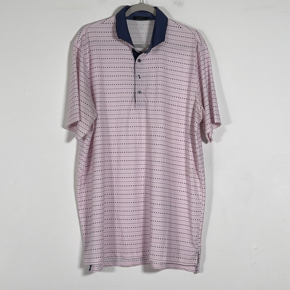Greyson Short Sleeve Polo Shirt Men XL Pink Blue Wolf Head Stripe Golf Athletic